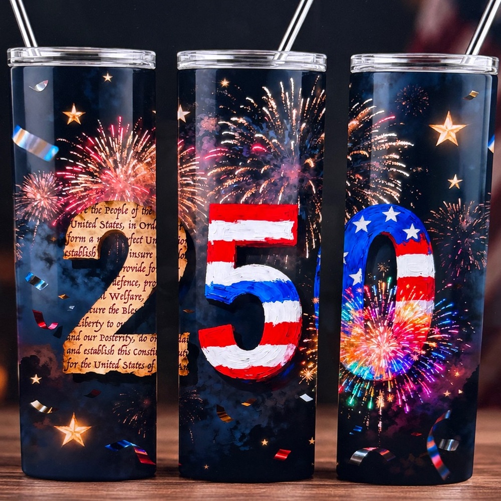 Hand Crafted July 4th 250th Birthday Stainless Steel 20oz skinny Tumbler